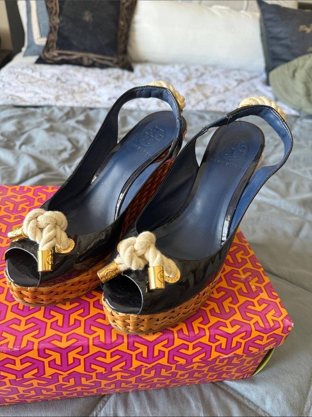 Tory Burch Black Patent Wedge Slingbacks with Natural Rope and Gold Accents